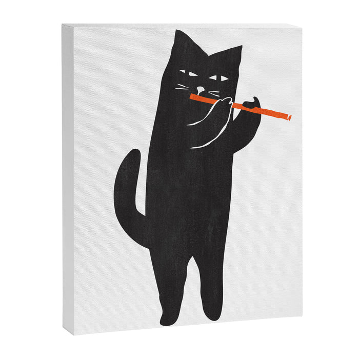 Black cat with flute Canvas Print Gallery Image 1