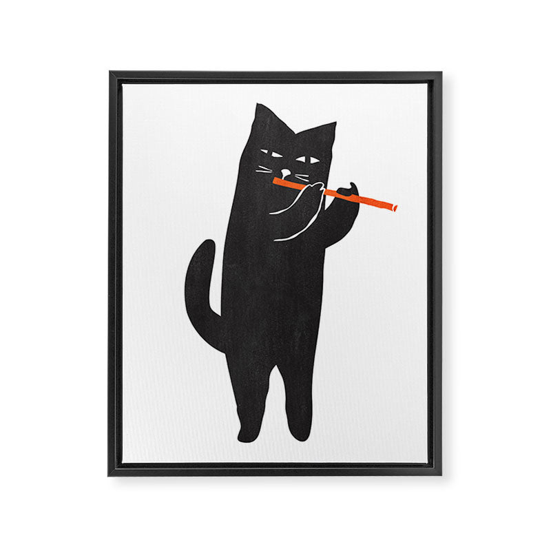 Black cat with flute Framed Canvas Print Gallery Image 6