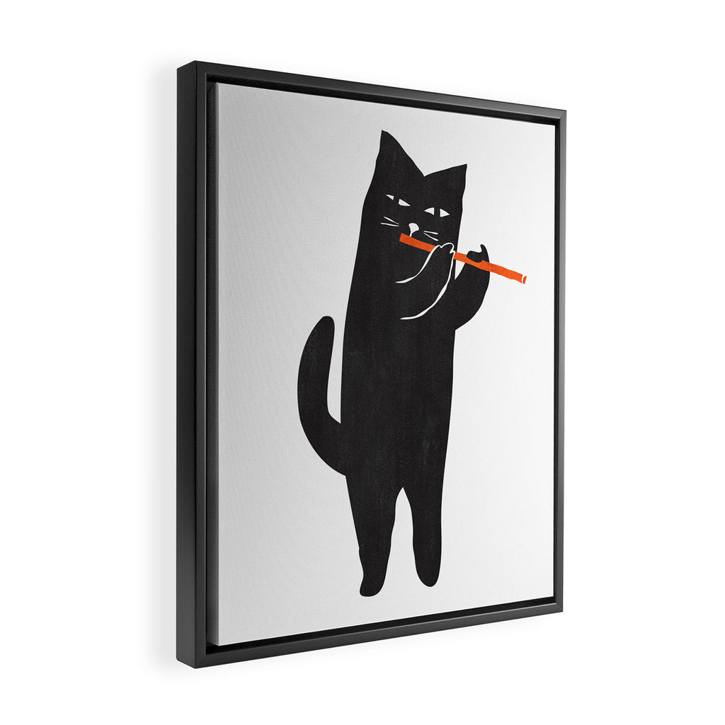 Black cat with flute Framed Canvas Print Gallery Image 2