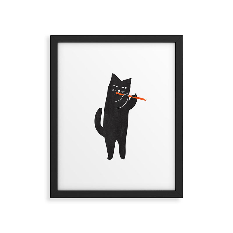 Black cat with flute Framed Art Print Gallery Image 5