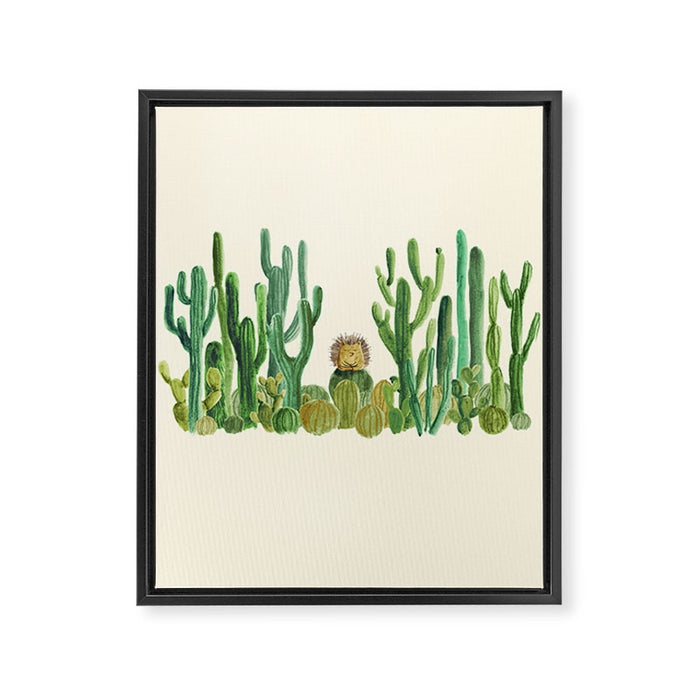 In my happy place - hedgehog meditating in cactus jungle Framed Canvas Print Gallery Image 1