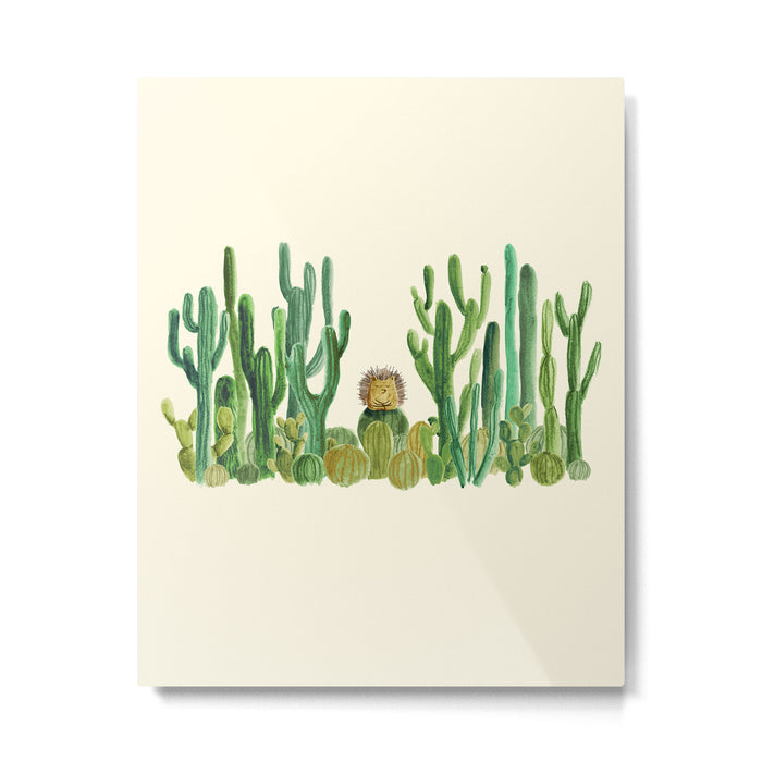 In my happy place - hedgehog meditating in cactus jungle Metal Print Gallery Image 1