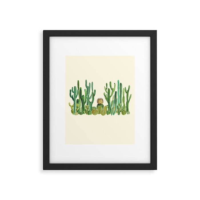 In my happy place - hedgehog meditating in cactus jungle Framed Art Print Gallery Image 1