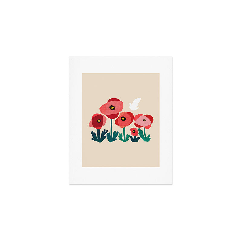 Poppy flowers and bird Art Print Gallery Image 1