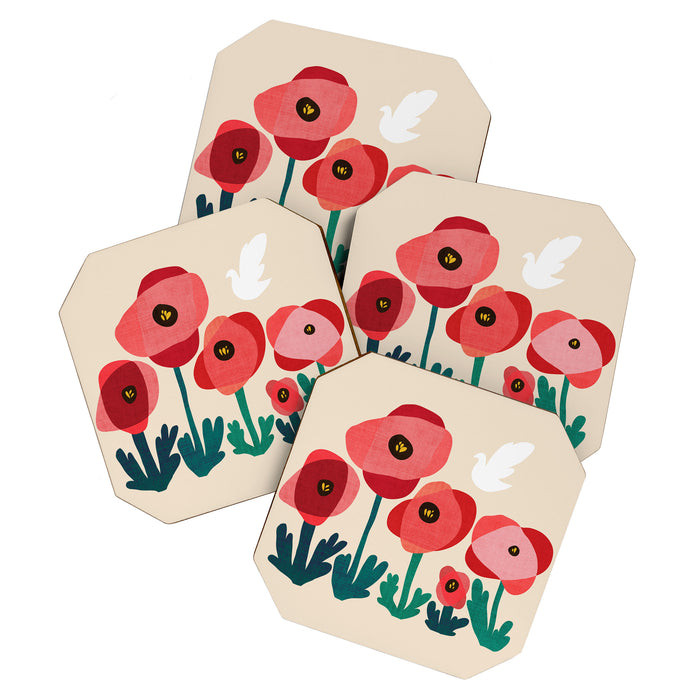 Poppy flowers and bird Coaster Gallery Image 1