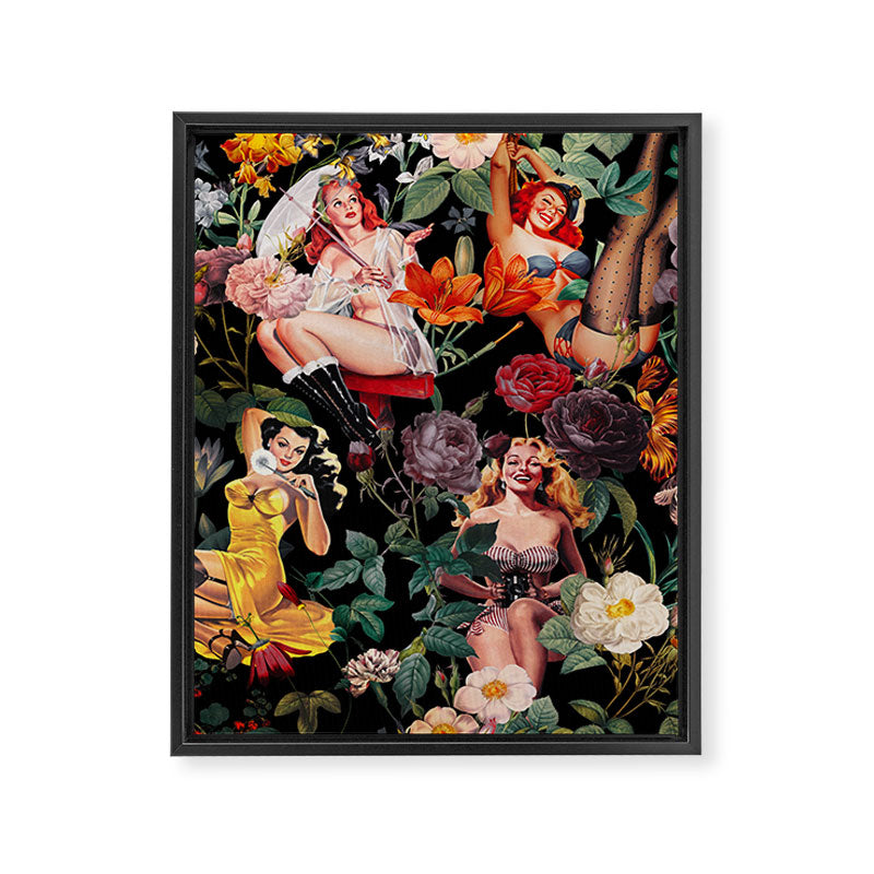 Floral and Pin-Up Girls III - Night Framed Canvas Print Gallery Image 6
