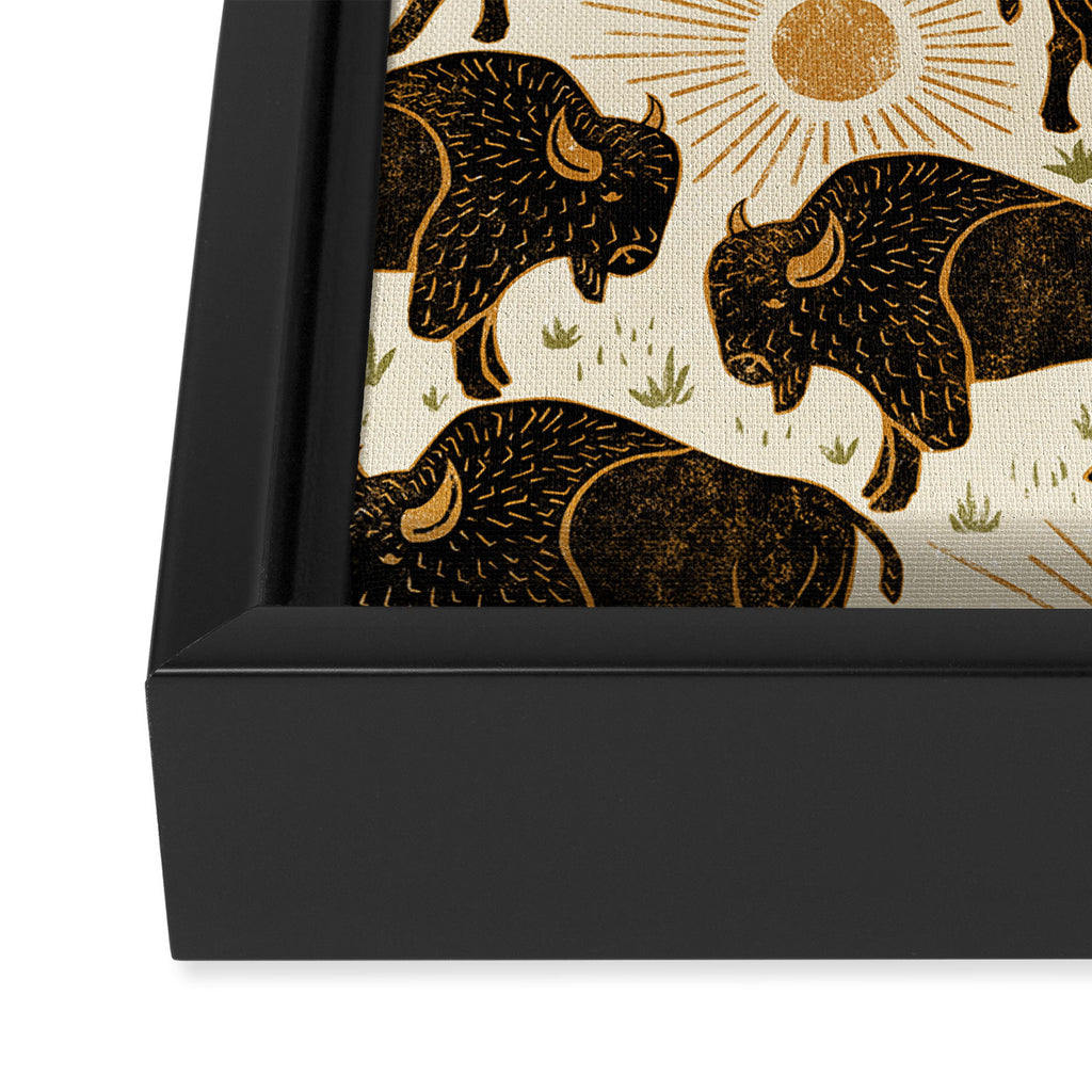 Bison - black, gold, moss green, and cream Framed Canvas Print Gallery Image 3