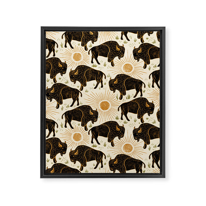 Bison - black, gold, moss green, and cream Framed Canvas Print Gallery Image 1