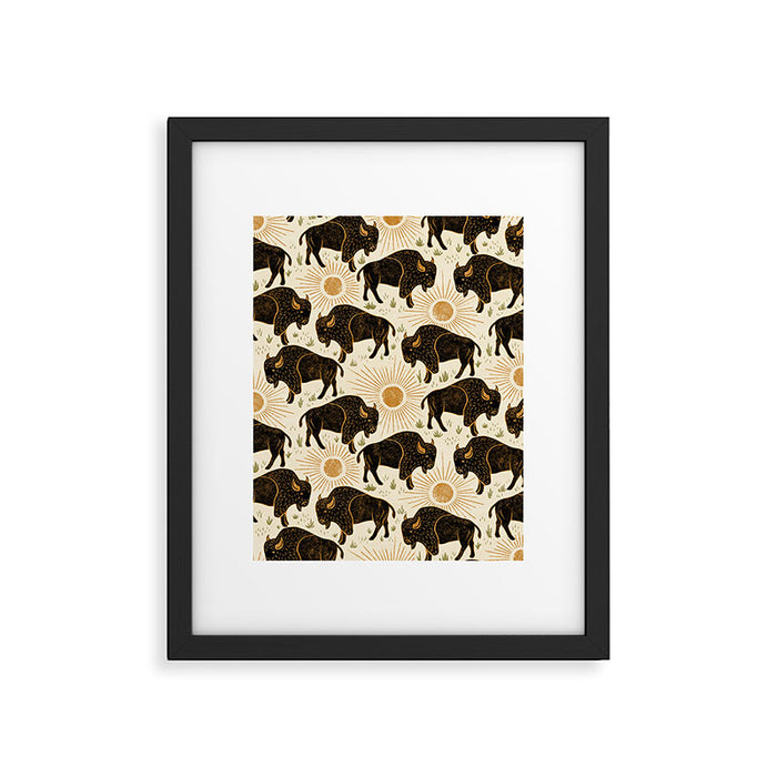 Bison - black, gold, moss green, and cream Framed Art Print Gallery Image 1