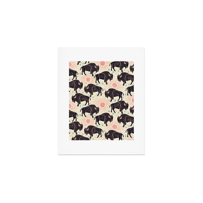 Bison - black, pink, teal, on cream Art Print Gallery Image 1