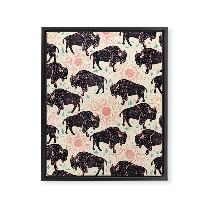 Bison - black, pink, teal, on cream Framed Canvas Print Gallery Image 1