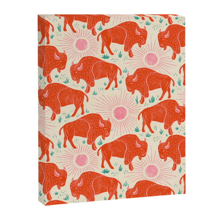 Bison - tomato red, pink, and teal, on cream Canvas Print Gallery Image 1