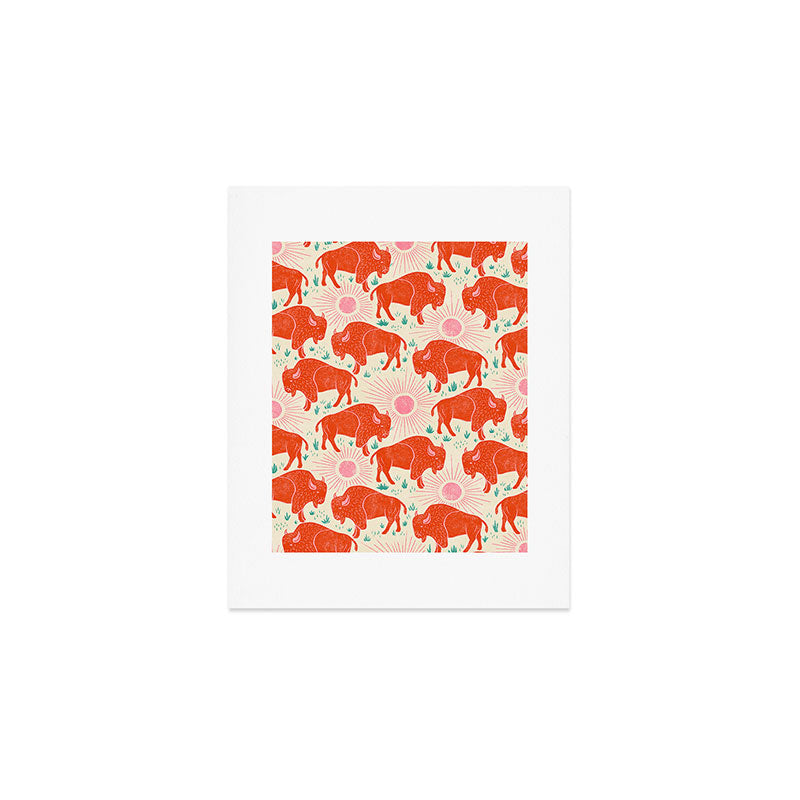Bison - tomato red, pink, and teal, on cream Art Print Gallery Image 1
