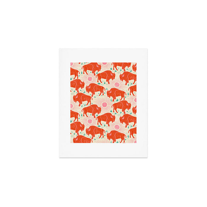 Bison - tomato red, pink, and teal, on cream Art Print Gallery Image 1