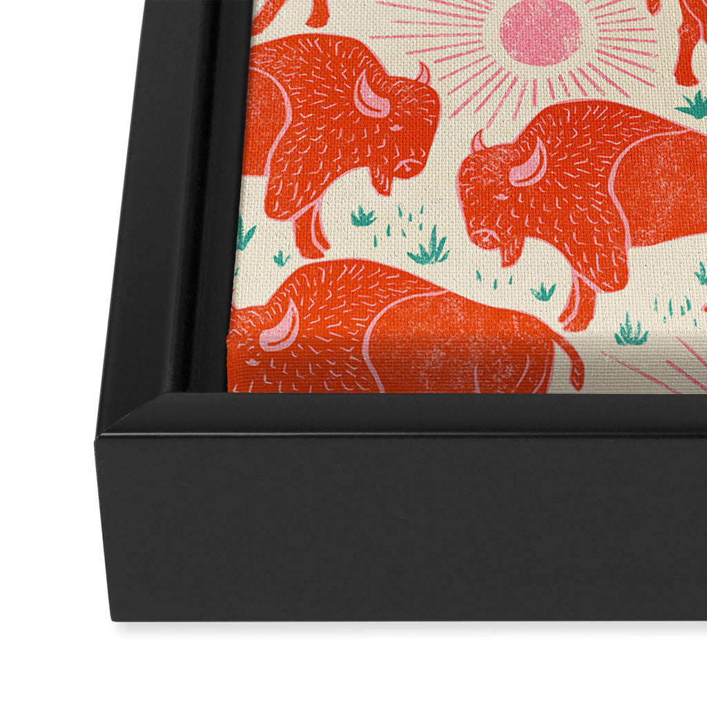 Bison - tomato red, pink, and teal, on cream Framed Canvas Print Gallery Image 3