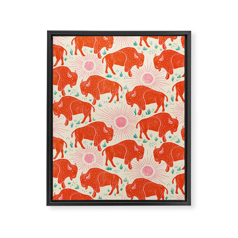 Bison - tomato red, pink, and teal, on cream Framed Canvas Print Gallery Image 8