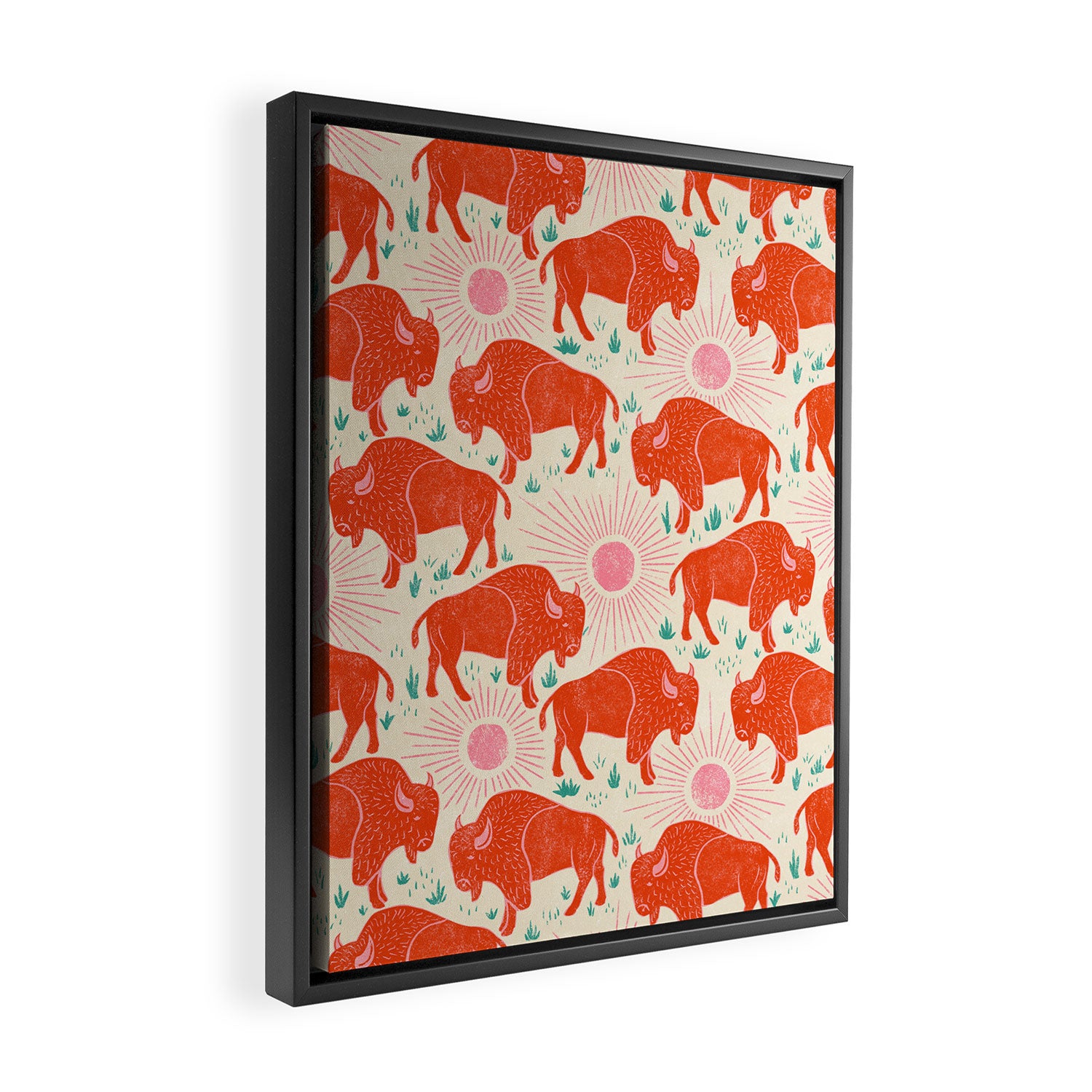 Bison - tomato red, pink, and teal, on cream Framed Canvas Print Gallery Image 2