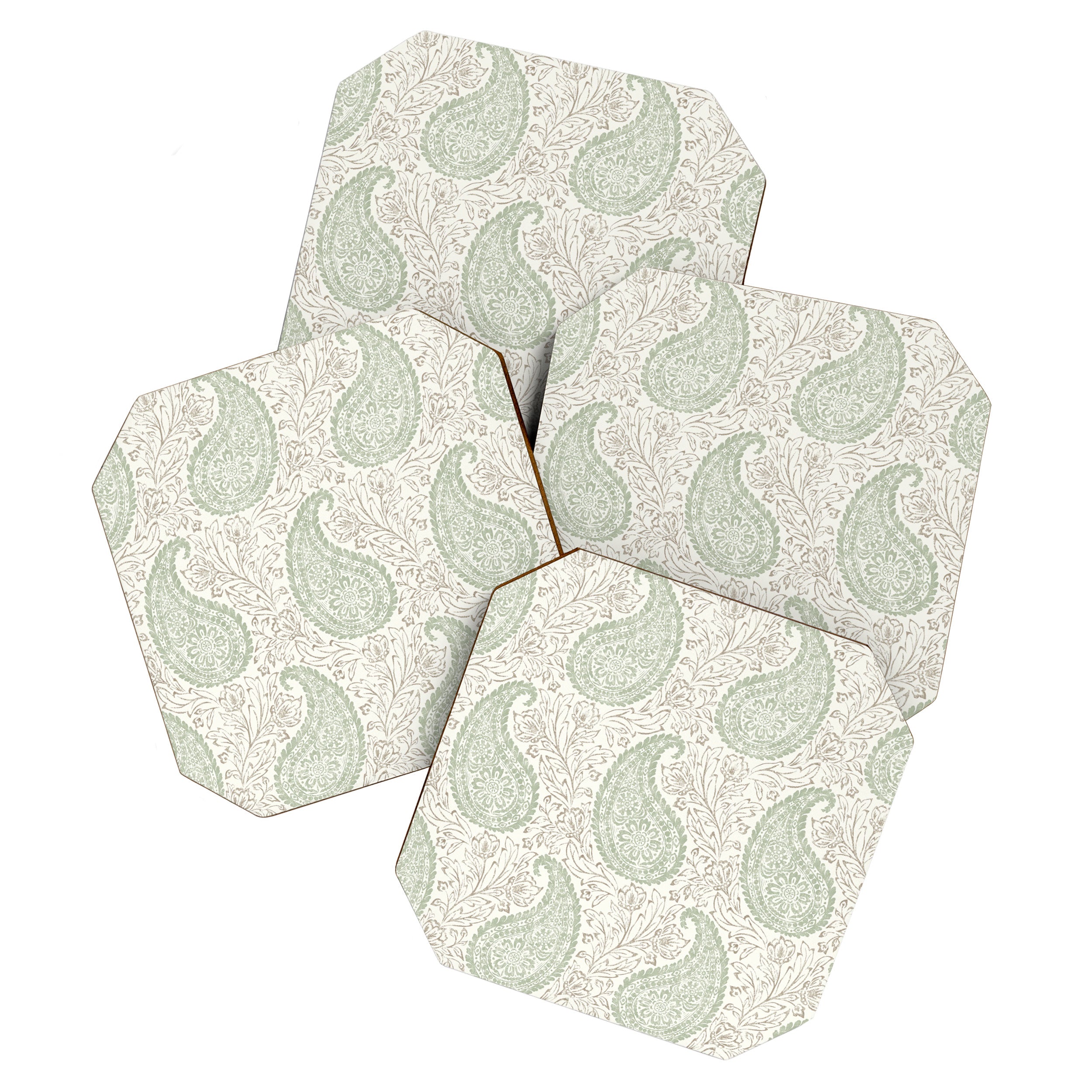 Block Print Paisley - sage and light taupe Coaster Gallery Image 1