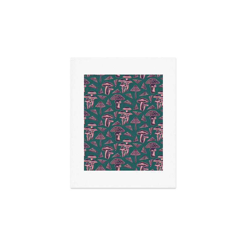 Block-print Mushrooms - purple on green Art Print Gallery Image 1