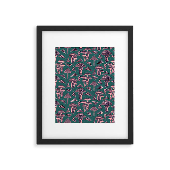 Block-print Mushrooms - purple on green Framed Art Print Gallery Image 1