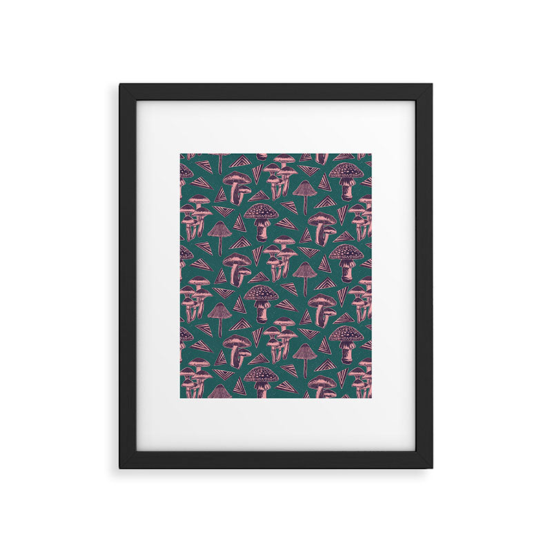 Block-print Mushrooms - purple on green Framed Art Print Gallery Image 6