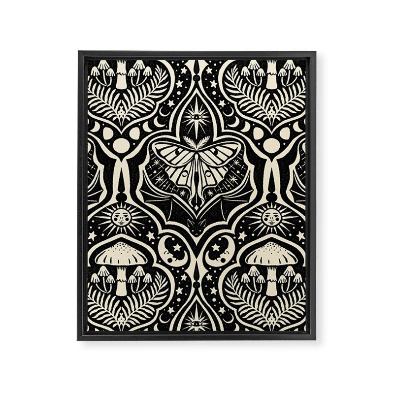 Celestial Forest Damask - black and cream Framed Canvas Print Gallery Image 8