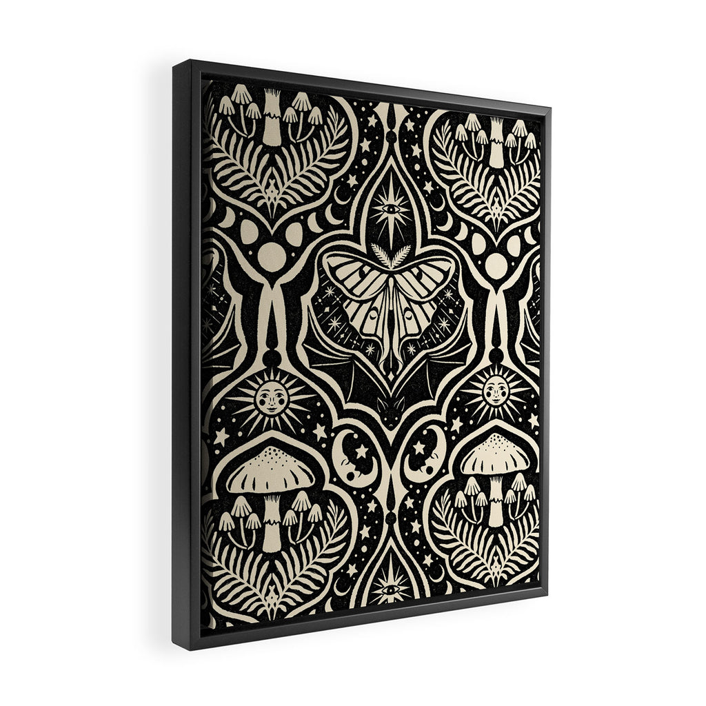 Celestial Forest Damask - black and cream Framed Canvas Print Gallery Image 2