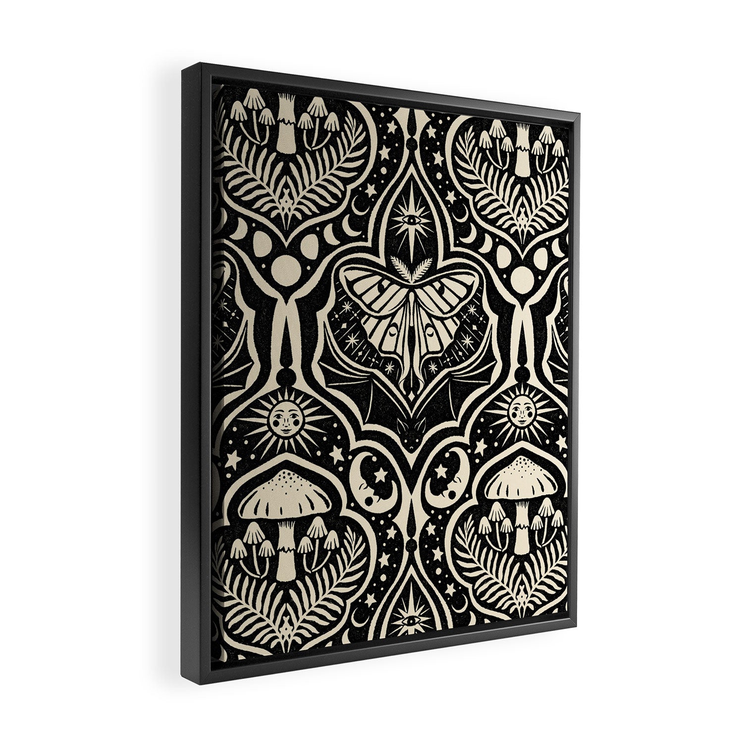Celestial Forest Damask - black and cream Framed Canvas Print Gallery Image 2