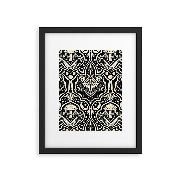 Celestial Forest Damask - black and cream Framed Art Print Gallery Image 1