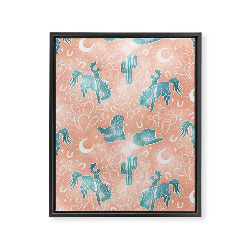 Cosmic Cowboys and Cacti -  peach and turquoise  Framed Canvas Print Gallery Image 8