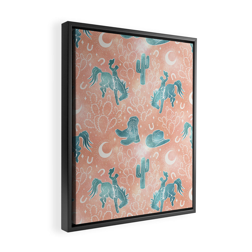Cosmic Cowboys and Cacti -  peach and turquoise  Framed Canvas Print Gallery Image 2