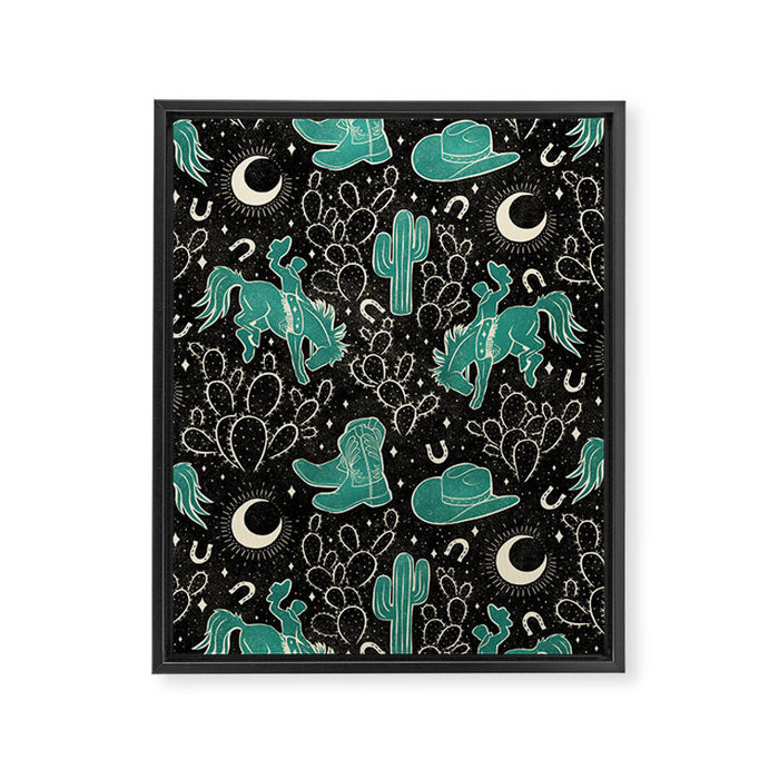 Cowboys and Cacti - black and dark turquoise  Framed Canvas Print Gallery Image 1
