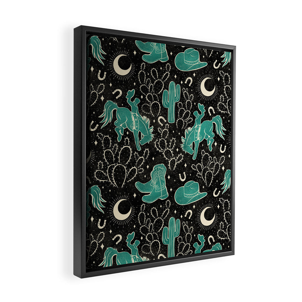 Cowboys and Cacti - black and dark turquoise  Framed Canvas Print Gallery Image 2