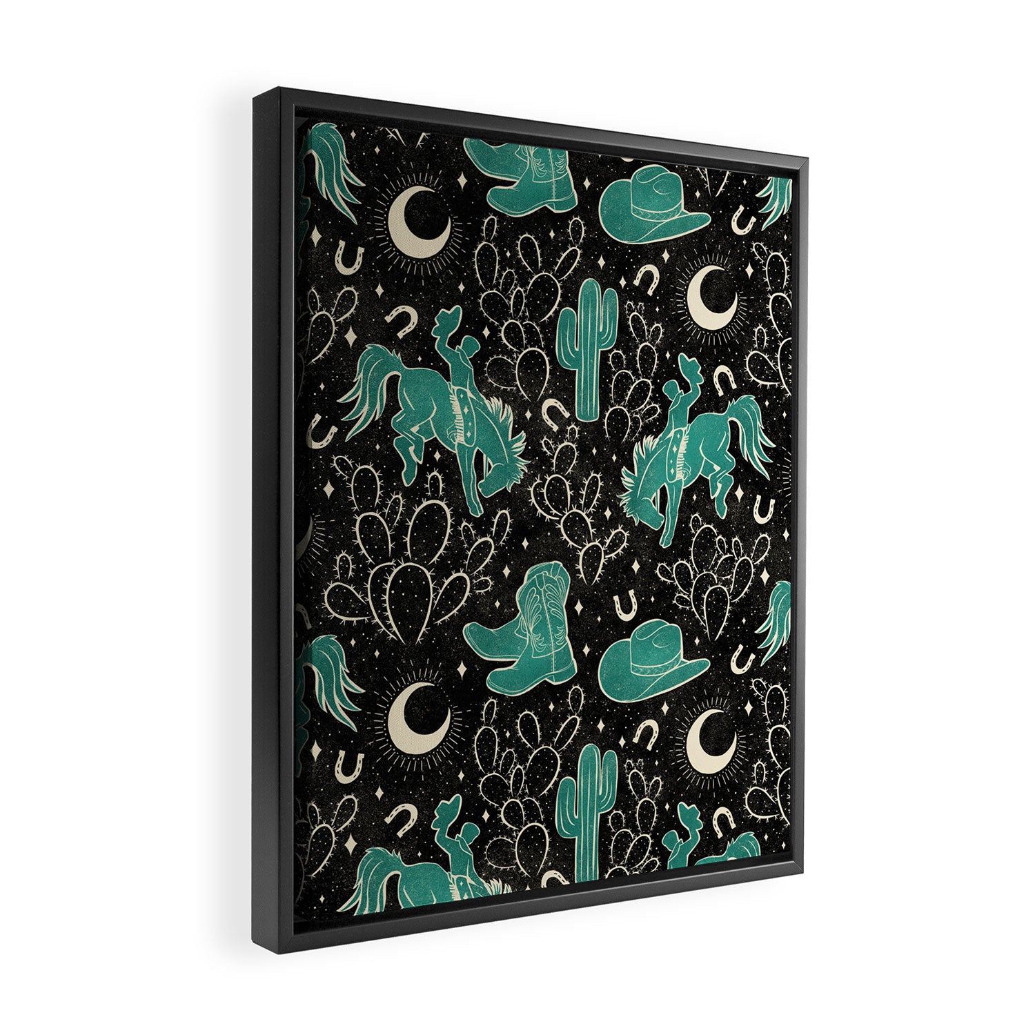 Cowboys and Cacti - black and dark turquoise  Framed Canvas Print Gallery Image 2