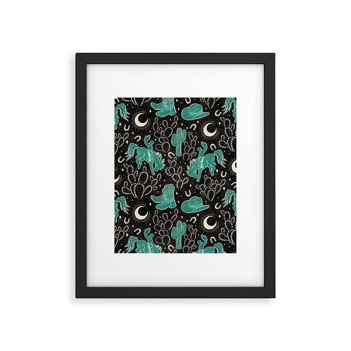 Cowboys and Cacti - black and dark turquoise  Framed Art Print Gallery Image 1