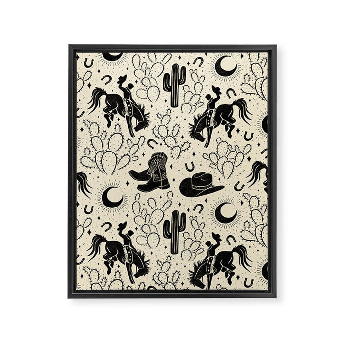 Cowboys and Cacti - cream and black Framed Canvas Print Gallery Image 1