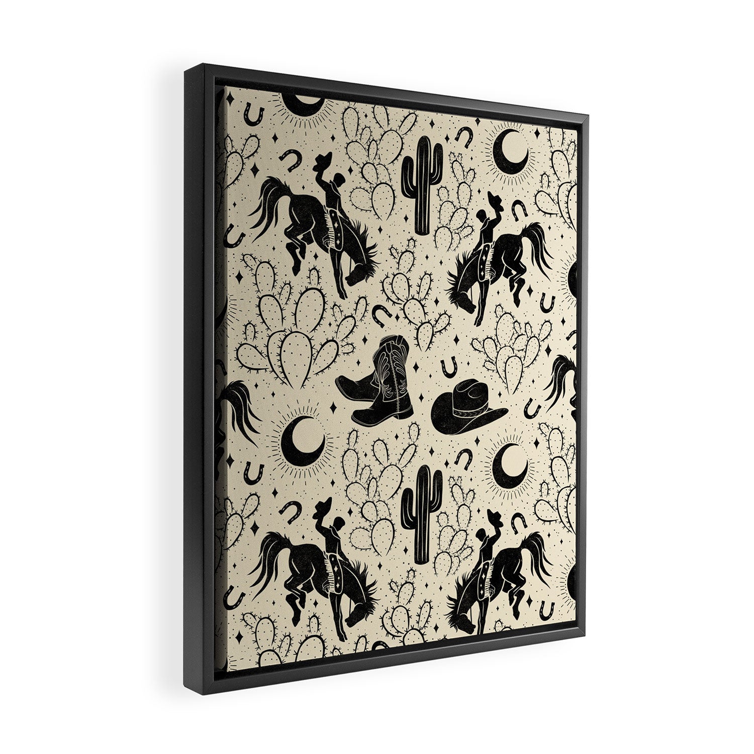 Cowboys and Cacti - cream and black Framed Canvas Print Gallery Image 2