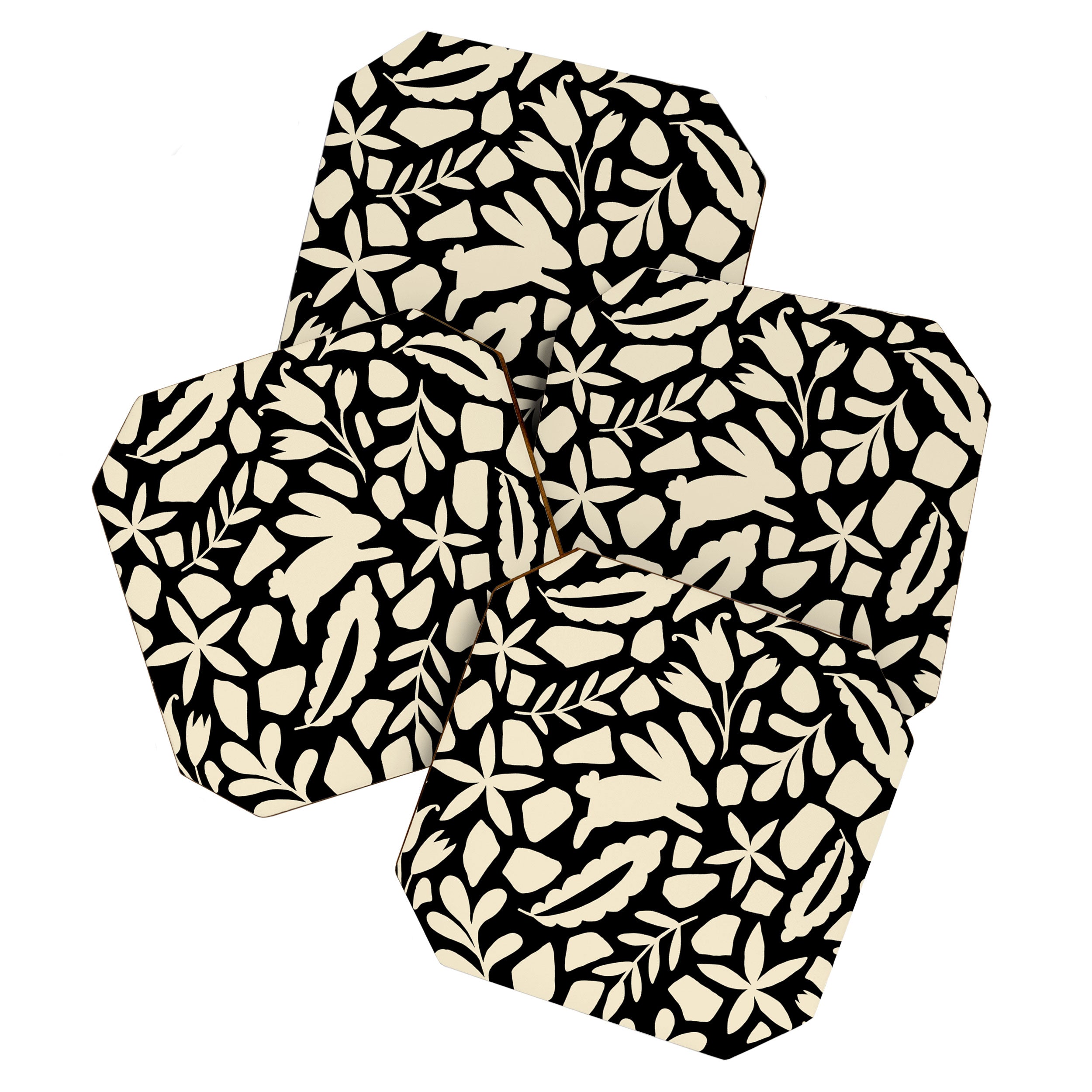 Folk Art Bunnies - black and cream Coaster Gallery Image 1