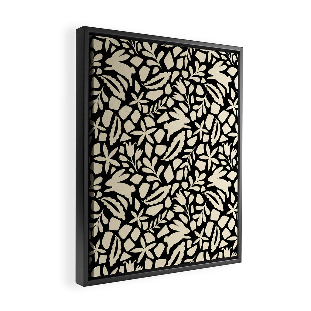 Folk Art Bunnies - black and cream Framed Canvas Print Gallery Image 2