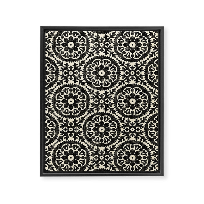 Folk Art Mandala - black and cream Framed Canvas Print Gallery Image 1