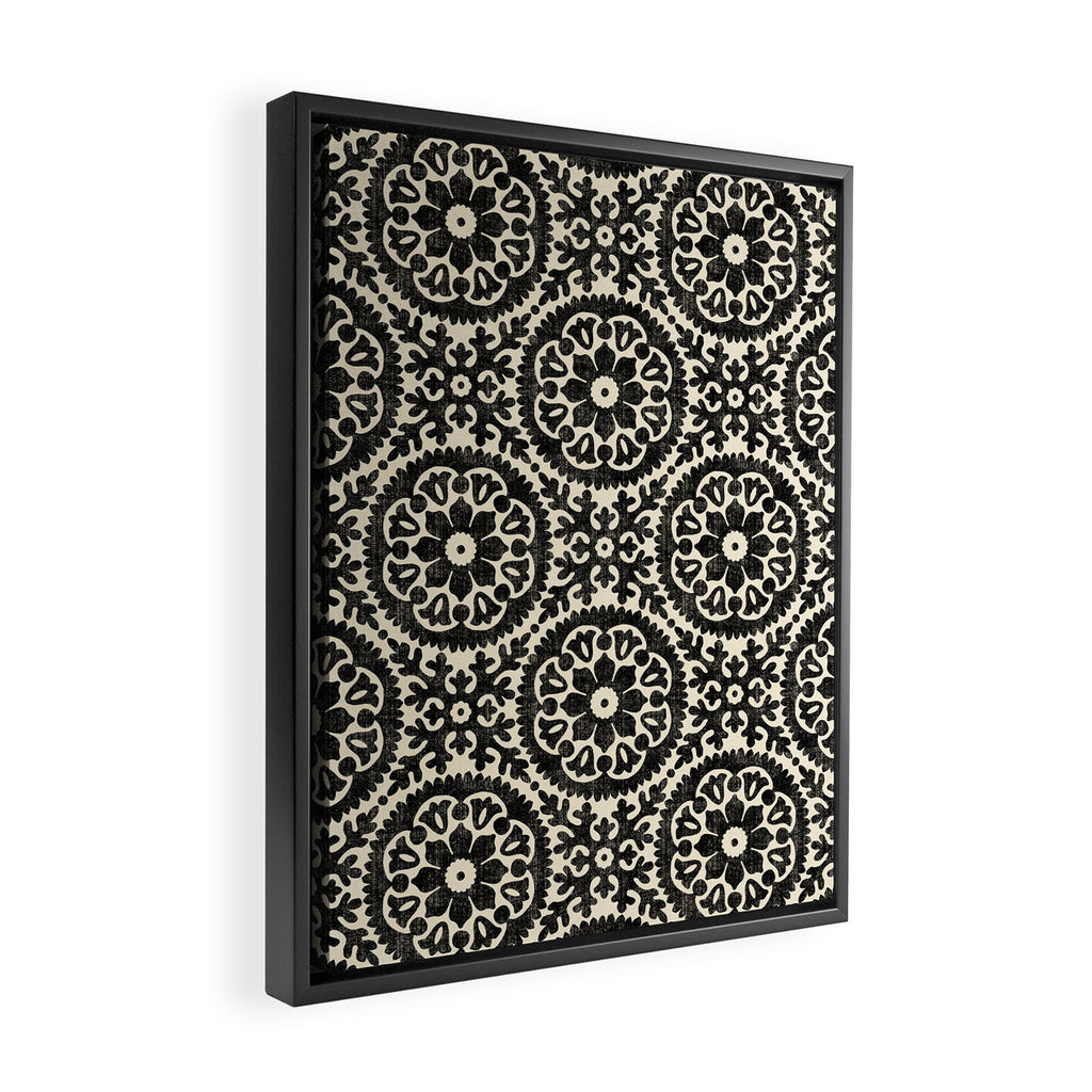 Folk Art Mandala - black and cream Framed Canvas Print Gallery Image 2