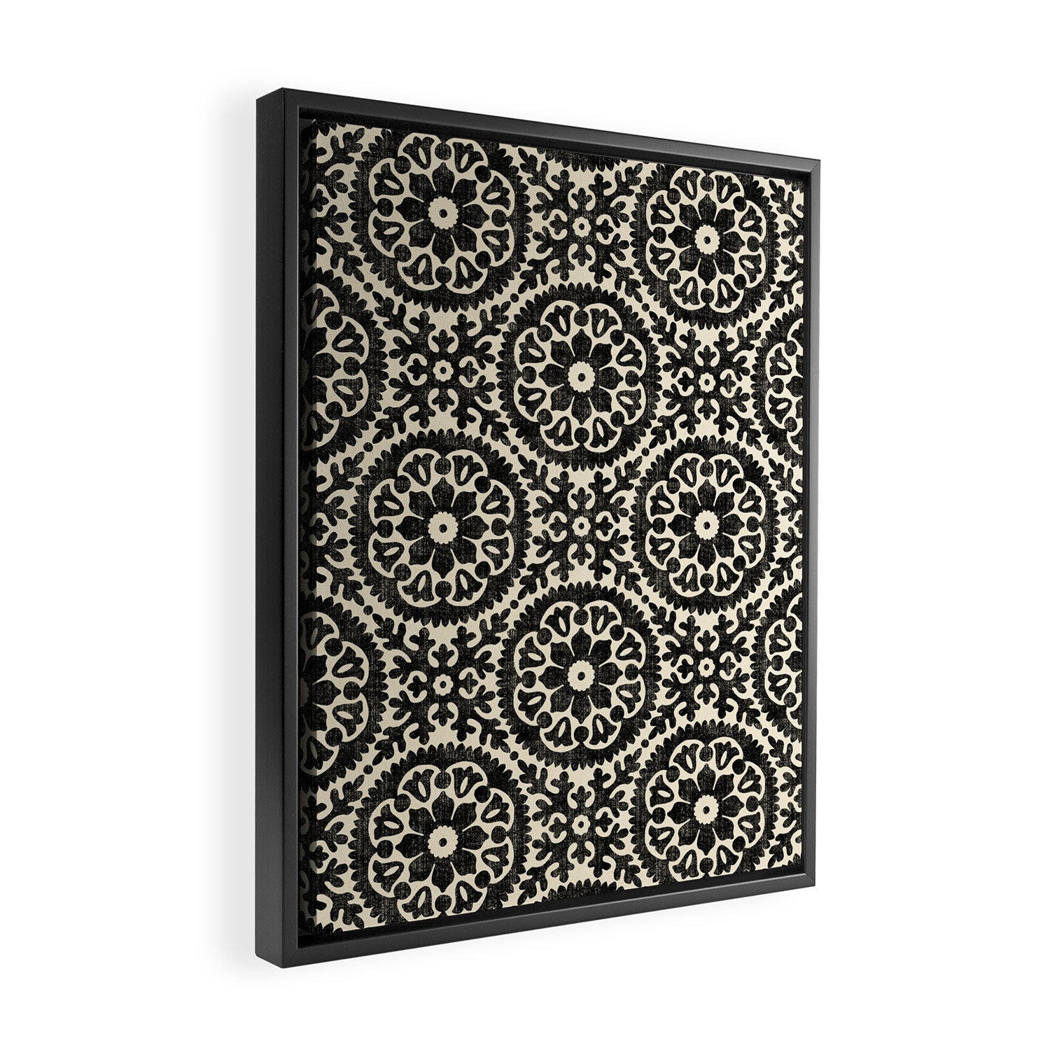 Folk Art Mandala - black and cream Framed Canvas Print Gallery Image 2