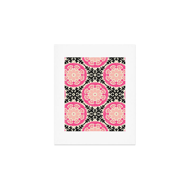 Folk Art Mandala - black, pink, and cream Art Print Gallery Image 1