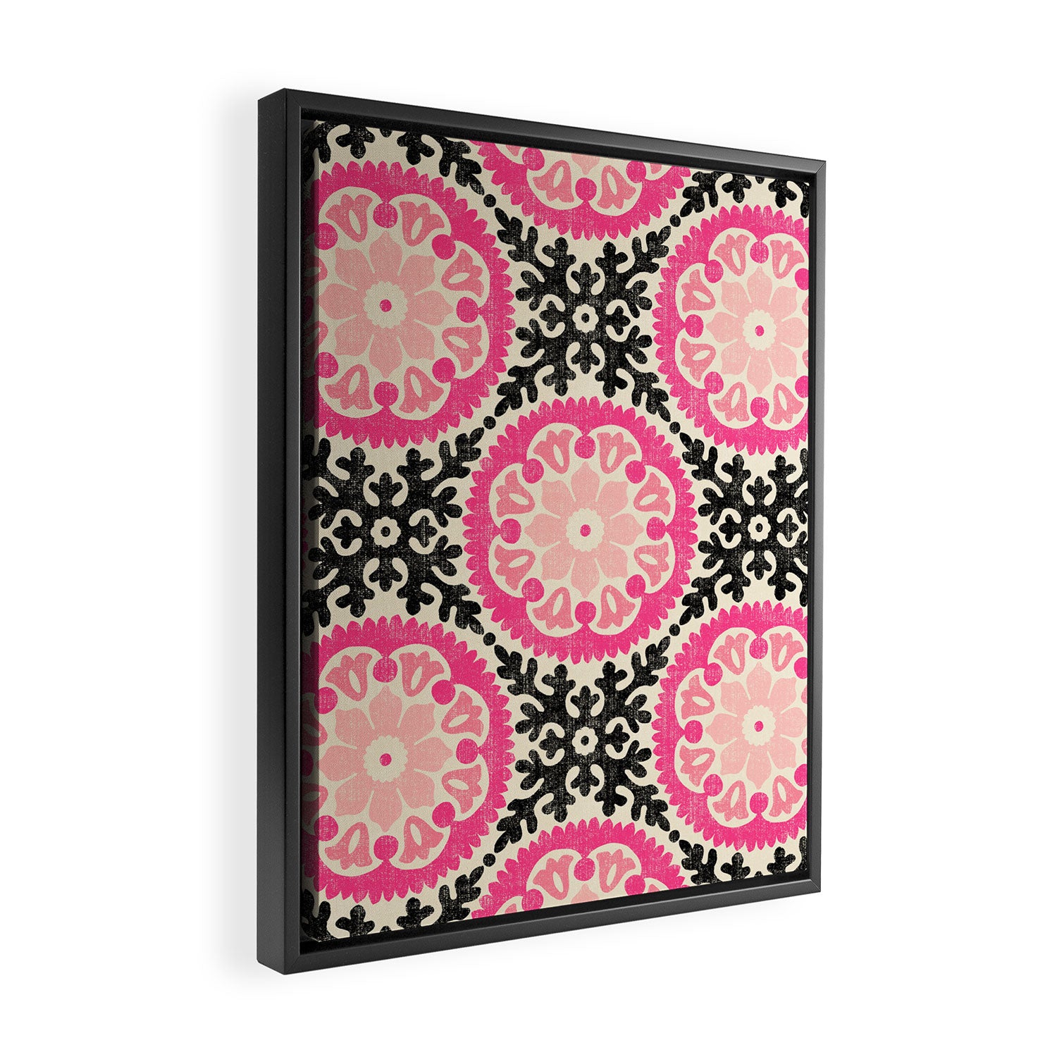 Folk Art Mandala - black, pink, and cream Framed Canvas Print Gallery Image 2