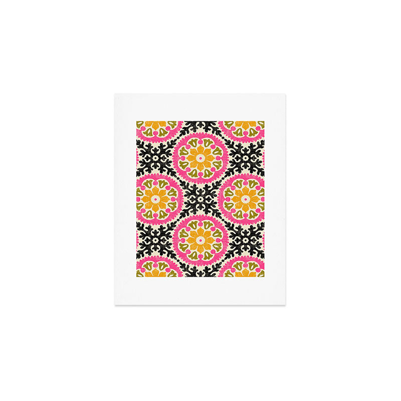 Folk Art Mandala - vintage pink, gold, and avocado green Art Print Gallery Image 1