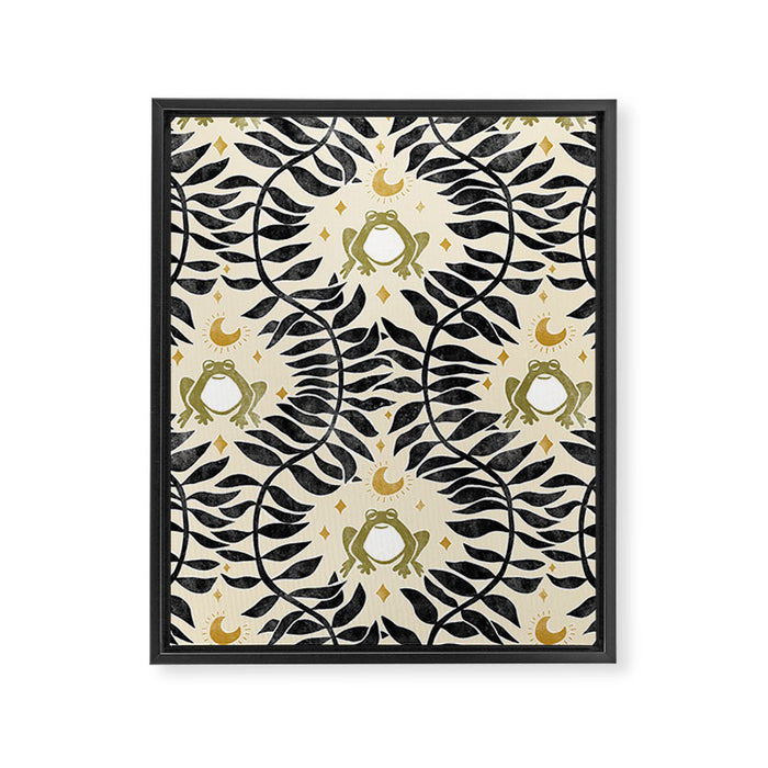 Froggie Ogee - black, moss green, and cream Framed Canvas Print Gallery Image 1