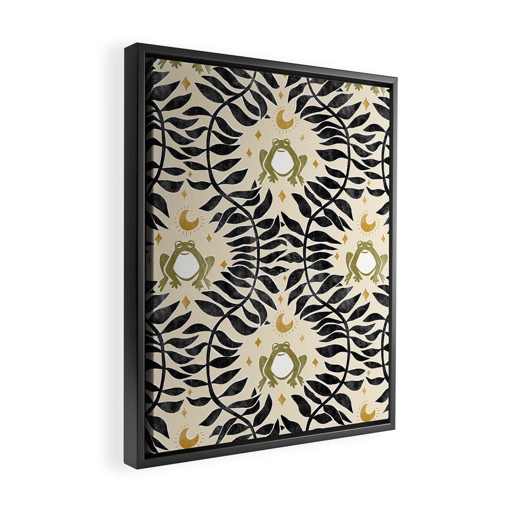 Froggie Ogee - black, moss green, and cream Framed Canvas Print Gallery Image 2