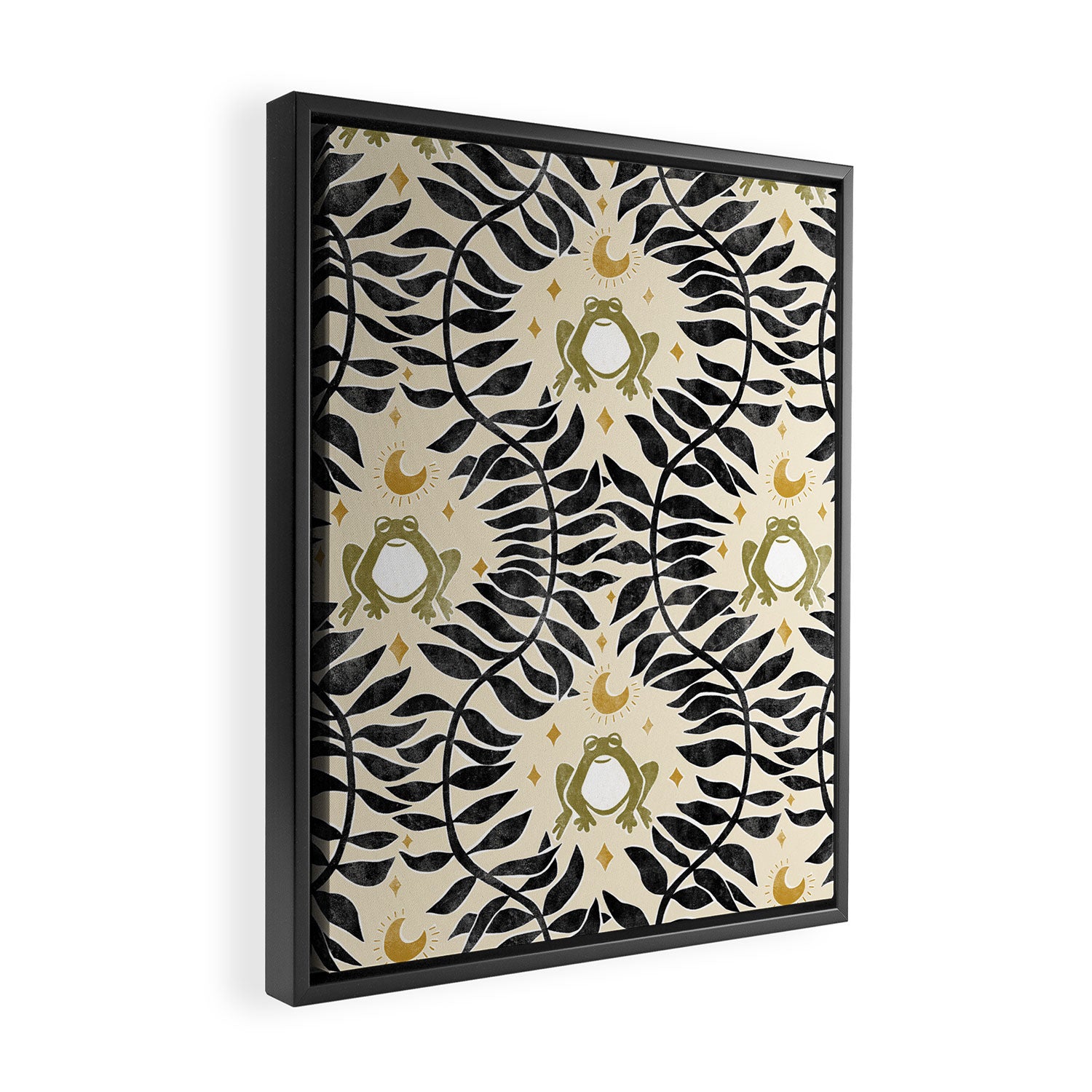 Froggie Ogee - black, moss green, and cream Framed Canvas Print Gallery Image 2