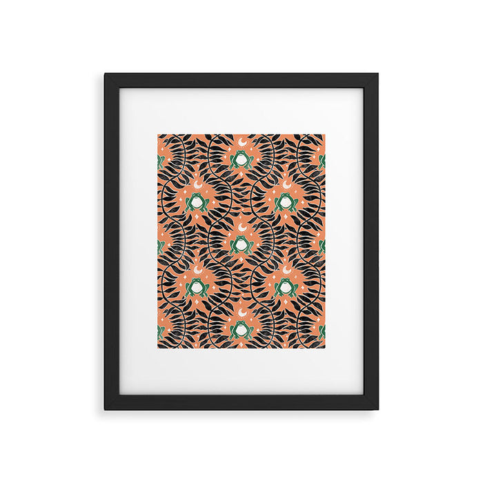 Froggie Ogee - papaya, green, and black Framed Art Print Gallery Image 1