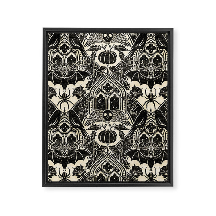 Gothic Halloween Damask - black and cream Framed Canvas Print Gallery Image 1